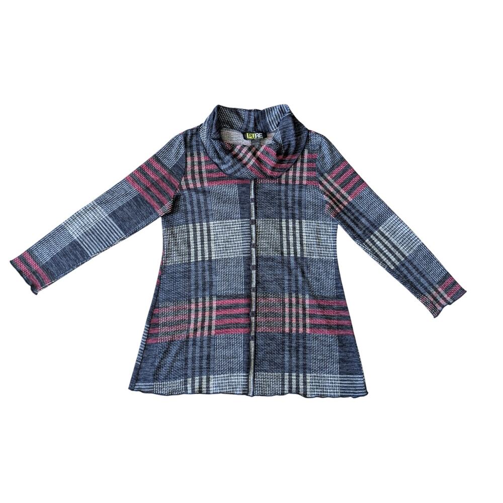 Pure Urbanology INC Tunic Top Womens M Blue Plaid Cowl Neck Boho Lagenlook Artsy